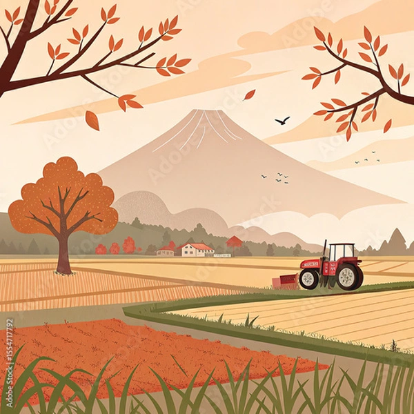 Fototapeta Flat Vector Illustration of Tractor Working in Scenic Countryside Landscape – Seasonal Agriculture Concept

