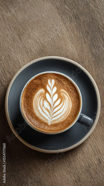 Fototapeta Cappuccino With Latte Art Top View on Wooden Table in Cozy Cafe Flat Lay