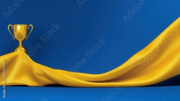 Obraz Celebrating success golden trophy connection on vibrant yellow fabric studio setting close-up view