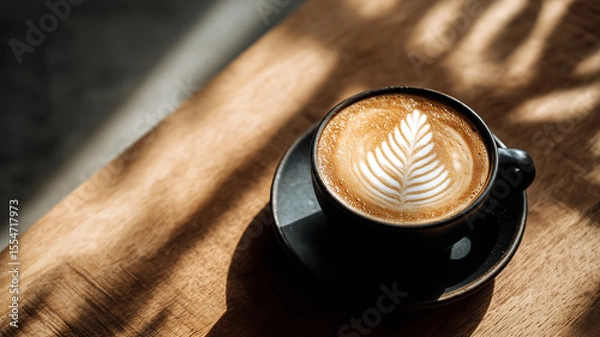Fototapeta Cappuccino with Latte Art in Black Mug on Solid Wooden Table
