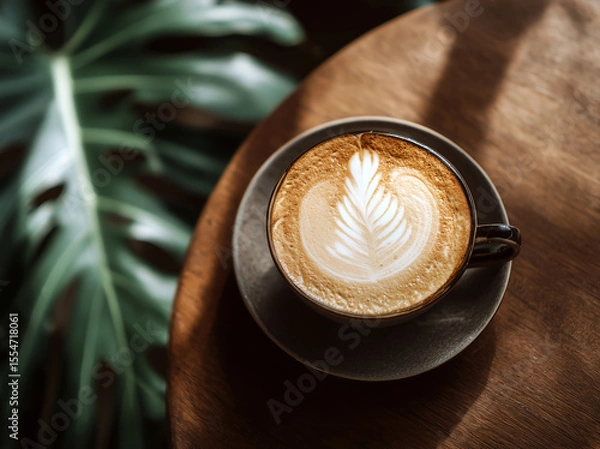 Fototapeta Cappuccino with Latte Art in Ceramic Mug, Top View Cafe Scene