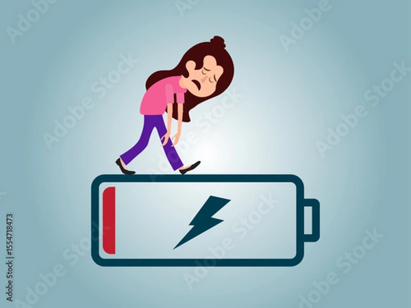 Fototapeta Concept of running out of energy to work. employee is exhausted but still working. low battery and tired. work problems. illustration of a worker working by supporting a battery. flat style design.