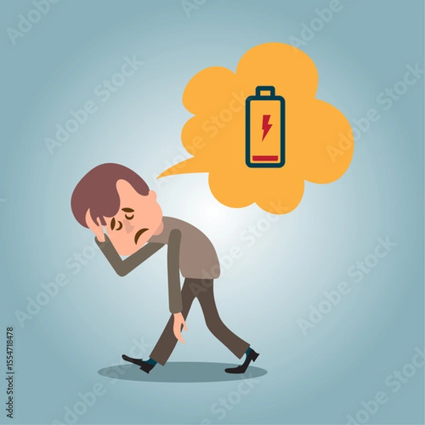 Fototapeta Concept of running out of energy to work. employee is exhausted but still working. low battery and tired. work problems. illustration of a worker working by supporting a battery. flat style design.