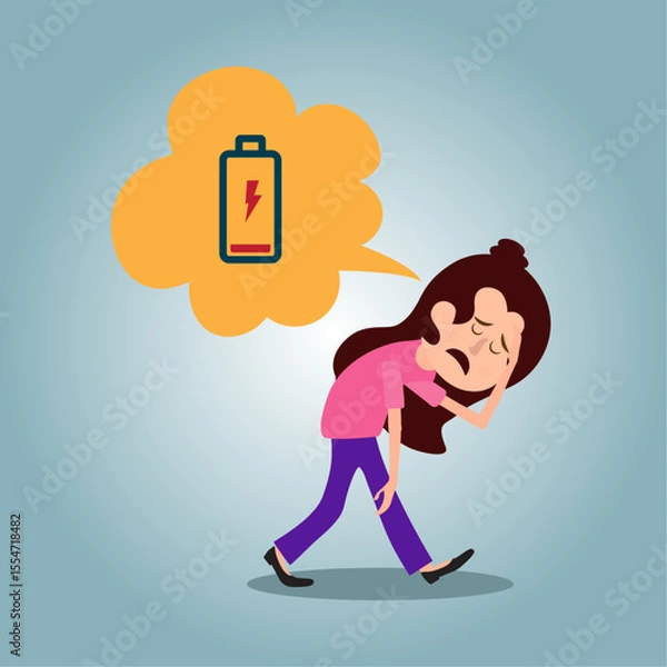 Fototapeta Concept of running out of energy to work. employee is exhausted but still working. low battery and tired. work problems. illustration of a worker working by supporting a battery. flat style design.