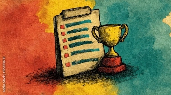 Obraz Celebrating success trophy and checklist connection on colorful background creative graphic design