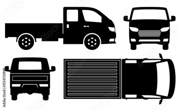 Obraz A small truck silhouette on a white background. Vehicle icons set view from the side, front, back, and top