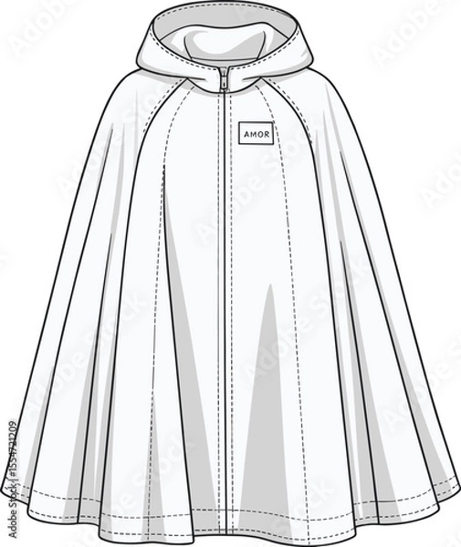 Fototapeta Hooded cape, poncho, raincoat, cloak, jacket, fashion, design, outerwear, vector, sketch, drawing, detailed, zippered, apparel, trendy, garment, cad, coat, flat, cad drawing flat vector illustration