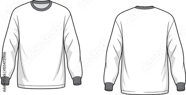 Fototapeta Sweatshirt, ribbed cuffs, crewneck, fashion, pullover, apparel, unisex, clothing, front, back, sketch, flat, vector, template, technical, design, style, cad, drawing, illustration