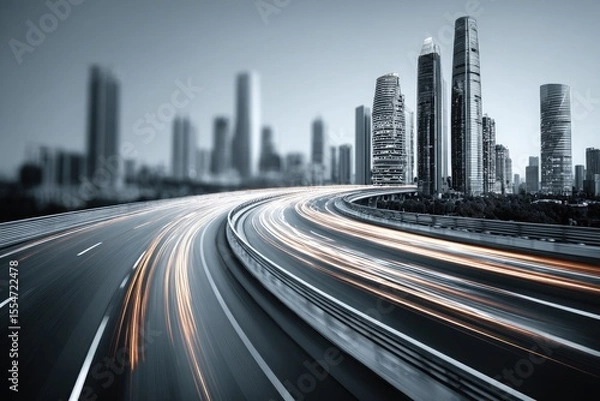 Fototapeta A highway with a city skyline in the background with motion blur effect