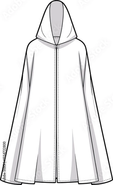 Fototapeta Long, hooded, cloak, poncho, cape, fashion, garment, outerwear, unisex, raincoat, apparel, cad, sketch, drawing, illustration, zipper, detailed, vector, style, cad drawing flat vector illustration