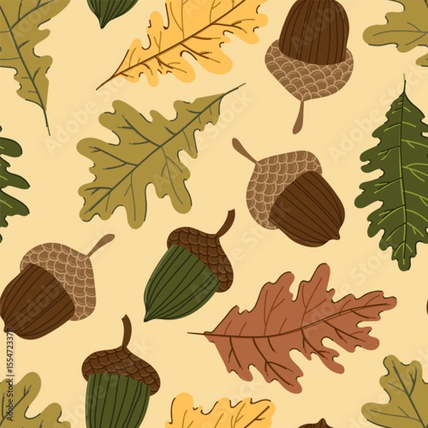 Fototapeta oak leaves and acorns colorful autumn seamless pattern. Forest fall botanical texture tor textile