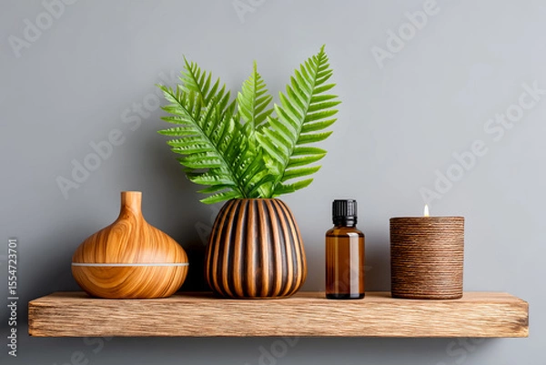 Fototapeta Aromatherapy set up with diffuser, essential oil, and a textured candle on wooden shelf in a modern space. Beautiful arrangement of decorative items on a shelf