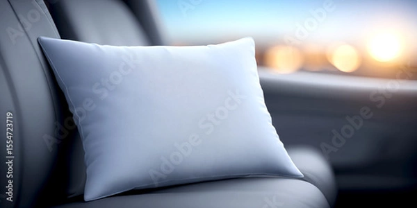Fototapeta Comfortable white pillow resting on a sleek car seat during a sunny drive. A soft white pillow on the leather seat of a car, illuminated by warm sunlight, suggesting a cozy travel experience.
