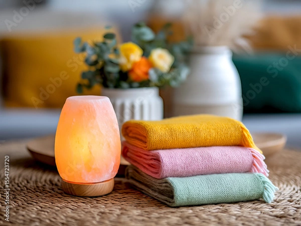 Fototapeta Cozy living room setup with warm Himalayan salt lamp and colorful knitted blankets at home n a cozy living room filled with decorative plants and pillows, creating an inviting atmosphere