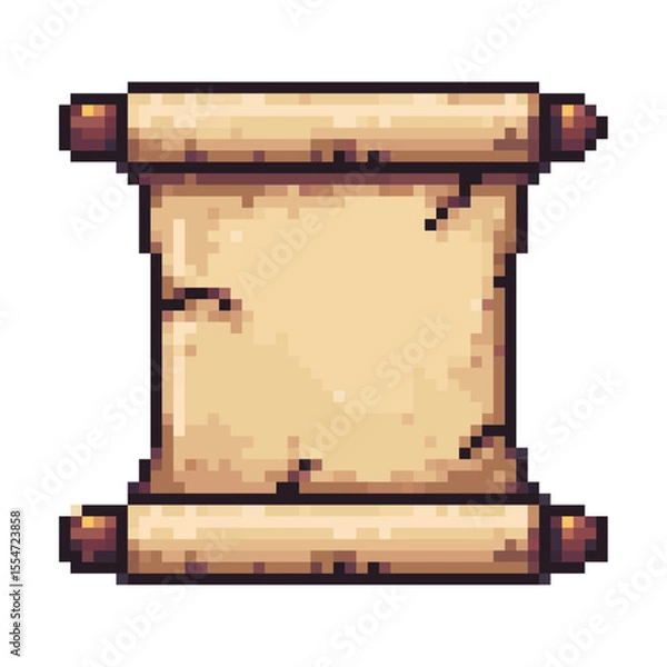 Fototapeta Pixel Art Old Scroll or Parchment,Fantasy Map,Quest Item. detailed pixel art illustration of an antique, rolled-up scroll or parchment, with a slightly tattered edge, rendered in a classic retro video