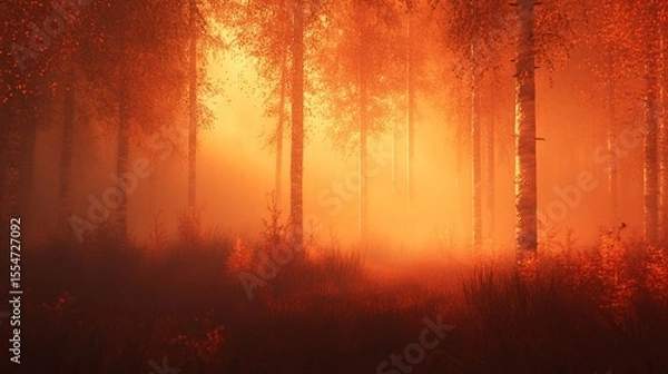 Fototapeta Golden, misty forest bathed in warm light