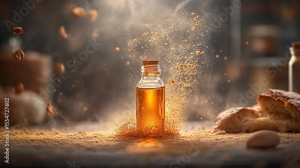 Fototapeta Golden oil bottle explodes with nutty goodness