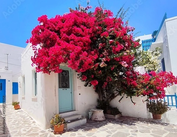 Fototapeta Photo of a charming cobblestone alley in Parikia on Paros island, Greece, featuring whitewashed buildings, blue doors, blooming flowers, and serene Mediterranean architecture.