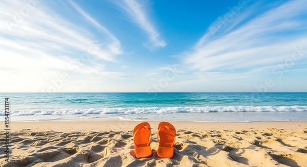 Obraz Serene beach scene: orange flip-flops on sandy shore, turquoise ocean, sunny sky