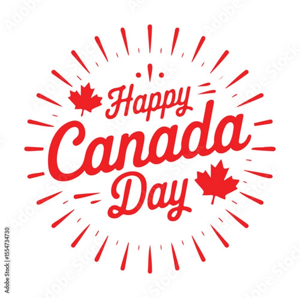 Obraz "Happy Canada Day" Red Typography with Festive Sunburst and Maple Leaves
