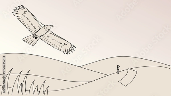 Fototapeta Illustration of a flying eagle over rolling hills with a person and grass in a landscape drawing