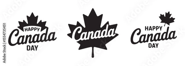 Obraz Set of Black and White "Happy Canada Day" Calligraphy Logos with Maple Leaf
