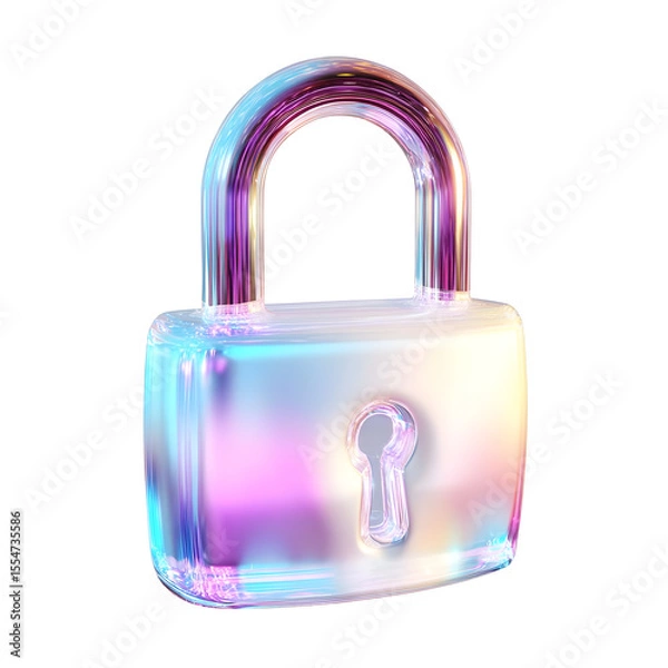 Fototapeta A digitally rendered transparent padlock icon with a holographic iridescent color gradient symbolizing the advanced security of intelligence technology