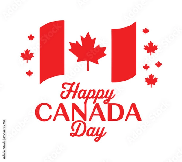 Obraz Happy Canada Day Red Typography with Stylized Waving Flag and Maple Leaves
