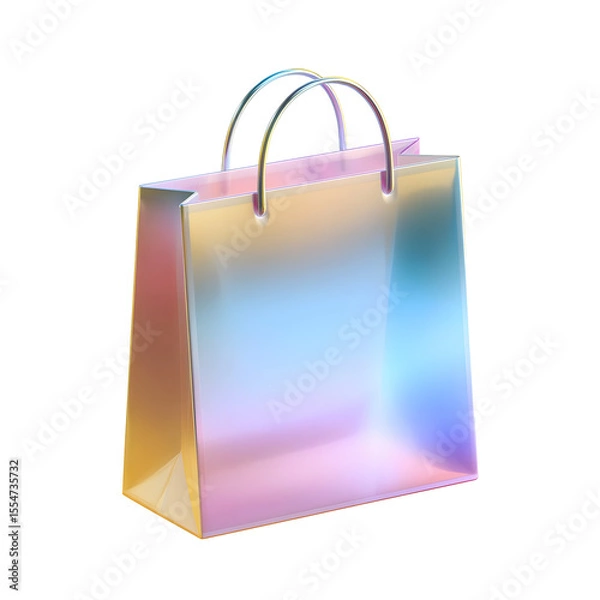 Fototapeta A bright pastel hued shopping bag with a captivating iridescent and gradient design creating a translucent ethereal appearance against a clean white background