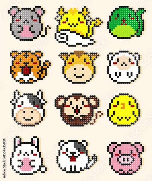 Obraz Cute pixel bead icons of 12 Chinese zodiac animals. Colorful, simple, and fun cartoon design for kids, culture projects, or decorative use.