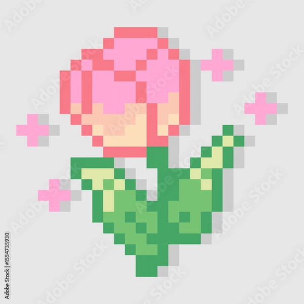 Obraz Pixel art red rose flower. Retro 8-bit style design. Romantic and vintage floral illustration. Isolated and editable vector.