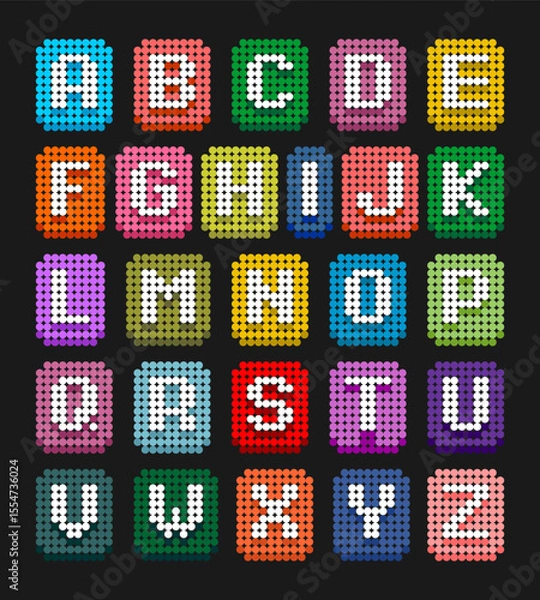 Obraz Colorful pixel bead alphabet vector design, featuring A to Z capital letters in vibrant backgrounds. Perfect for educational materials, kids crafts, games, and playful graphic projects.