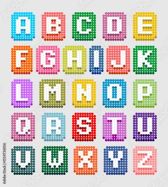Obraz Colorful pixel bead alphabet vector design, featuring A to Z capital letters in vibrant backgrounds. Perfect for educational materials, kids crafts, games, and playful graphic projects.