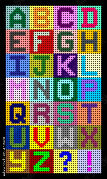 Obraz Colorful pixel bead alphabet with A to Z letters and punctuation symbols. Cute and fun digital style for kids craft, learning tools, or retro design.