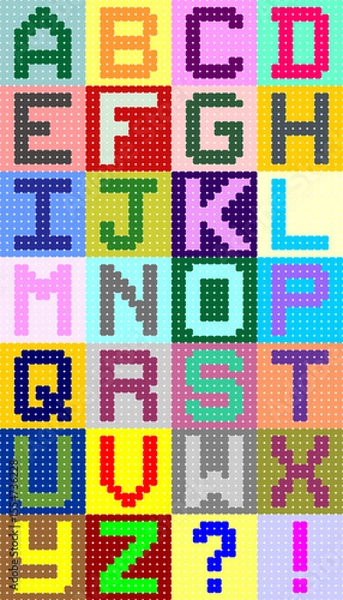 Obraz Colorful pixel bead alphabet with A to Z letters and punctuation symbols. Cute and fun digital style for kids craft, learning tools, or retro design.