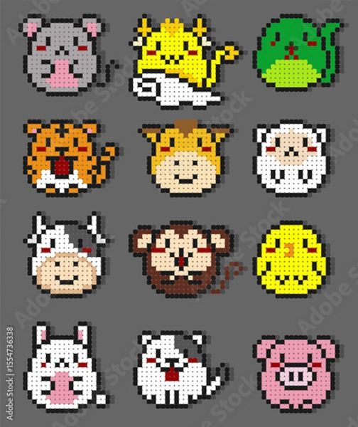 Obraz Cute pixel bead icons of 12 Chinese zodiac animals. Colorful, simple, and fun cartoon design for kids, culture projects, or decorative use.