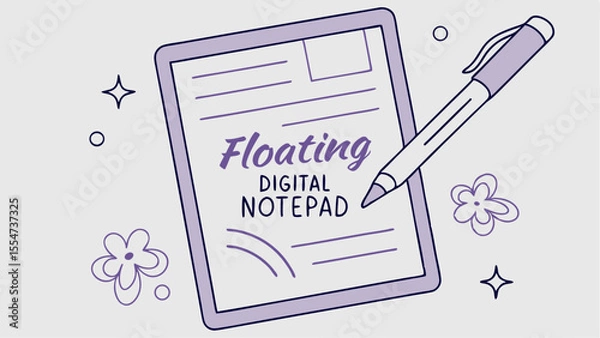 Obraz Illustration of a digital notepad with a pen and floral and star decorations in a light purple color scheme