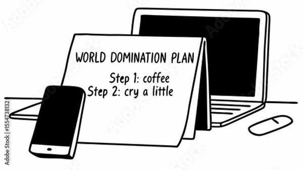 Obraz A world domination plan on a desk with a laptop phone and mouse in black and white minimalist style