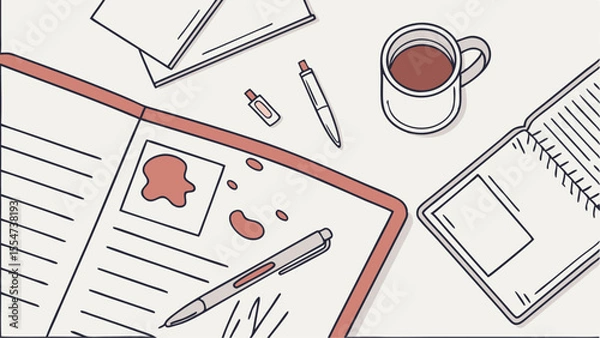 Obraz Overhead view of desk with open notebook coffee mug pens and spilled liquid in a simple drawing style