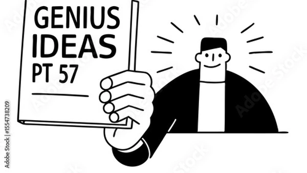 Obraz Person holding a book titled genius ideas pt 57 with radiating lines above their head in black and white