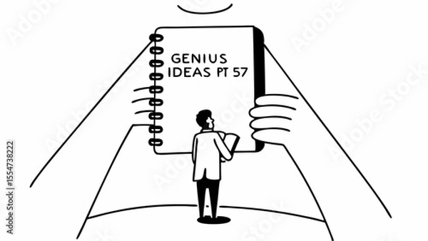 Obraz Illustration of a person looking at a notebook labeled genius ideas pt held by large hands above them