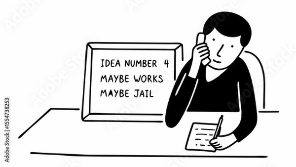 Obraz Illustration of a person on the phone with a whiteboard that says idea number maybe works maybe jail
