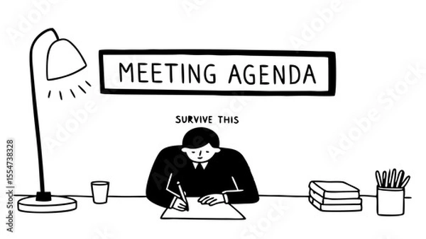 Obraz Illustration of a person at a desk with a lamp, books, pens, and a sign that says meeting agenda