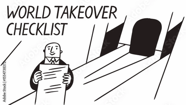 Obraz Man in suit holding checklist with world takeover text and a dark abstract shape in the background