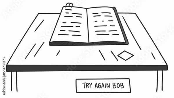 Obraz Open book with text on a table with a diamond shape and a sign that says try again bob present