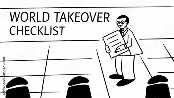Obraz Cartoon of a man with glasses holding a checklist in front of a world takeover checklist board plan