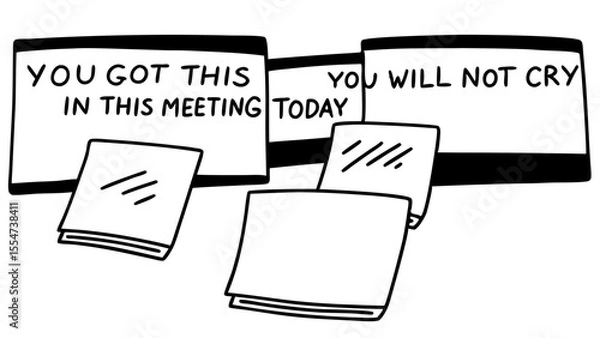 Obraz Hand drawn illustration of meeting affirmations with text and paper stacks in black and white style