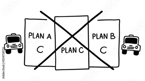 Obraz Illustration showing plan a and plan b crossed out with plan c in the middle and cars on each side