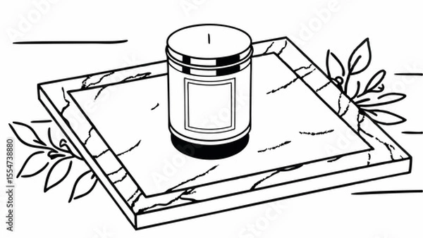 Obraz A candle on a marble tray with leaves in a black and white line drawing style illustration art