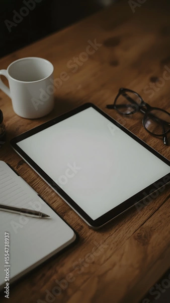 Obraz A minimalist financial workspace with a blank tablet screen, warm lighting, and cozy desk elements.